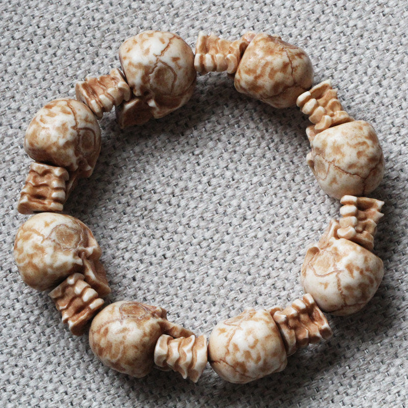 Antler-Carved Eye-less Design Skull With Bone Marrow Spacer Bead Bracelet