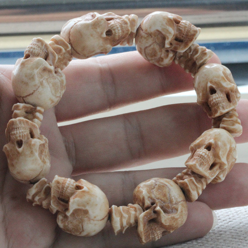 Antler-Carved Eye-less Design Skull With Bone Marrow Spacer Bead Bracelet