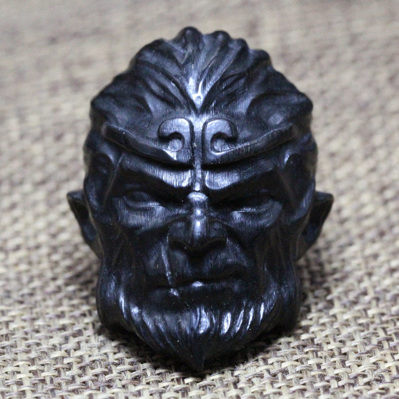 Carved Black Buffalo Horn Wukong Monkey Head Necklace