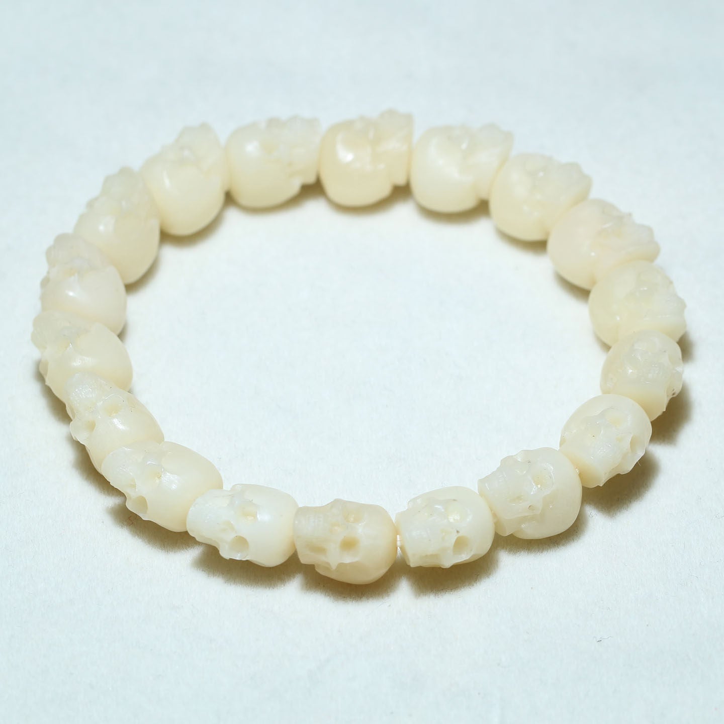 Carved Ox Bone Skull Bead Bracelet