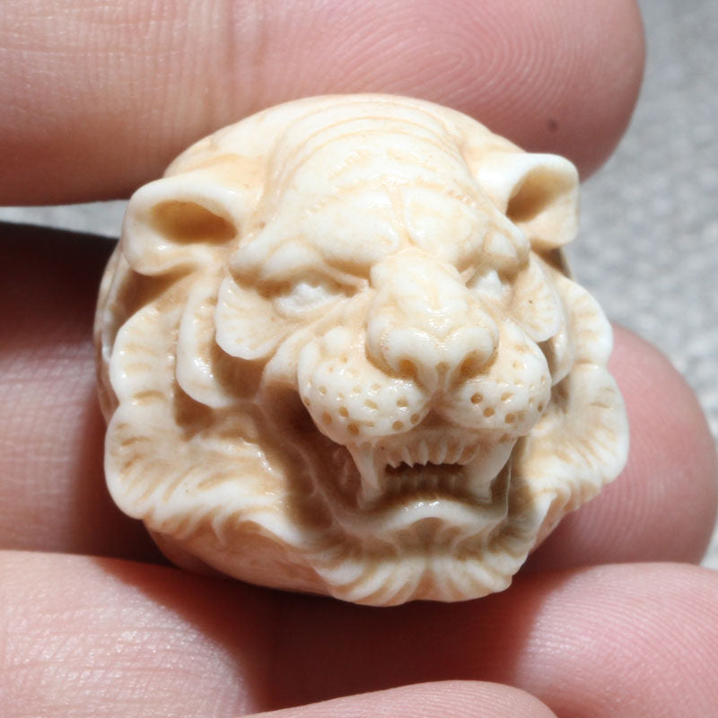 Hand-Carved Antler Tiger Head Bead
