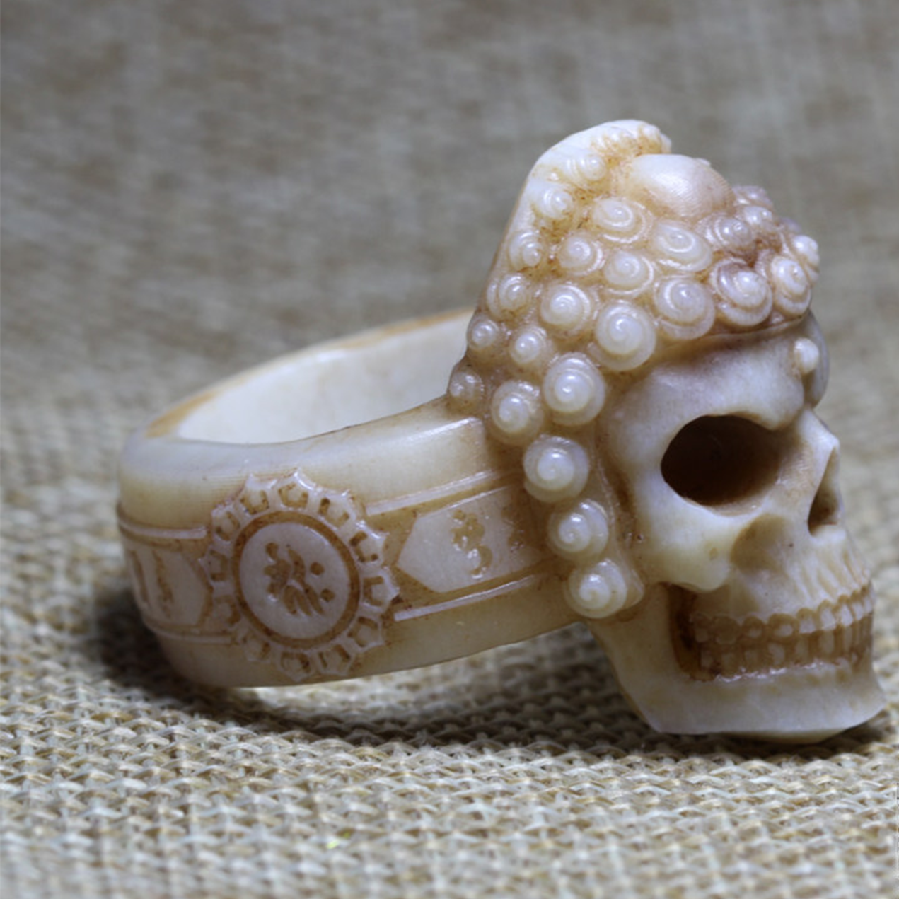 Snail-Curled Carved Antler Skull Ring