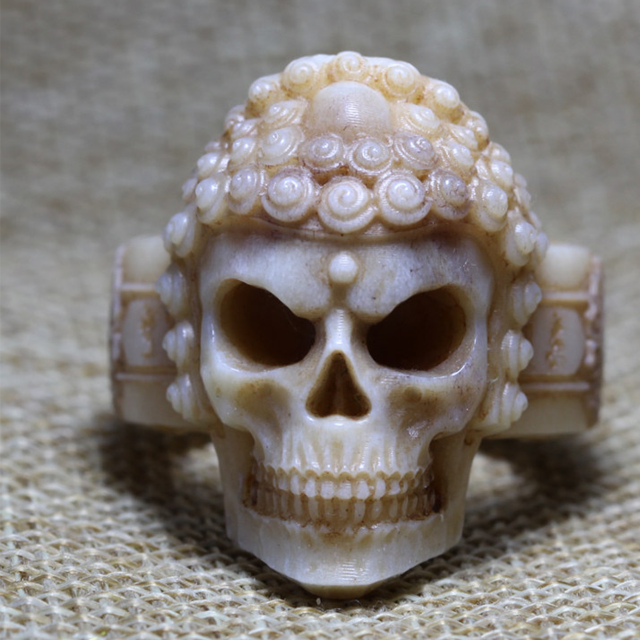 Snail-Curled Carved Antler Skull Ring