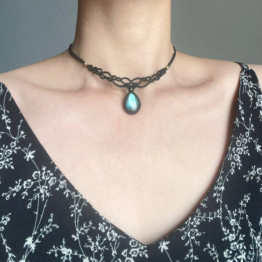 Vintage Natural Labradorite Braided Cord Necklace