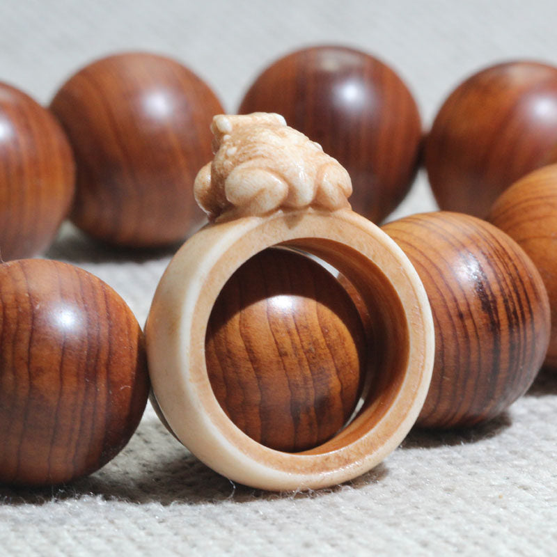 Antiqued Carved Deer Antler Ring with Toad Motif