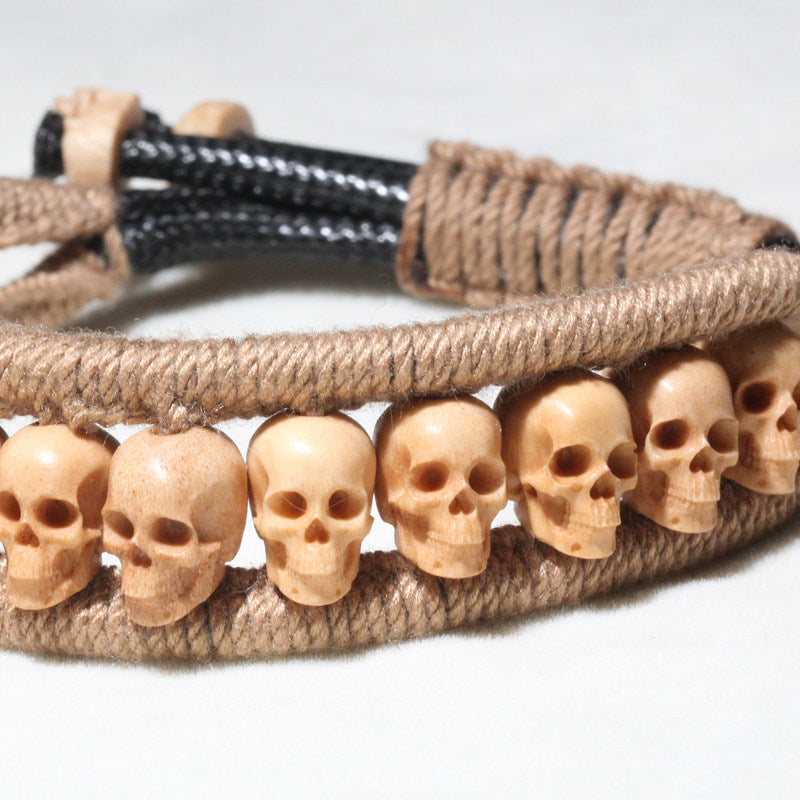 Antiqued Deer Antler Carved Skull Woven Bracelet