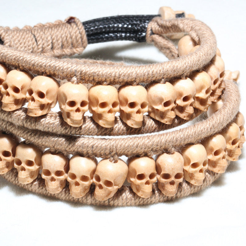 Antiqued Deer Antler Carved Skull Woven Bracelet