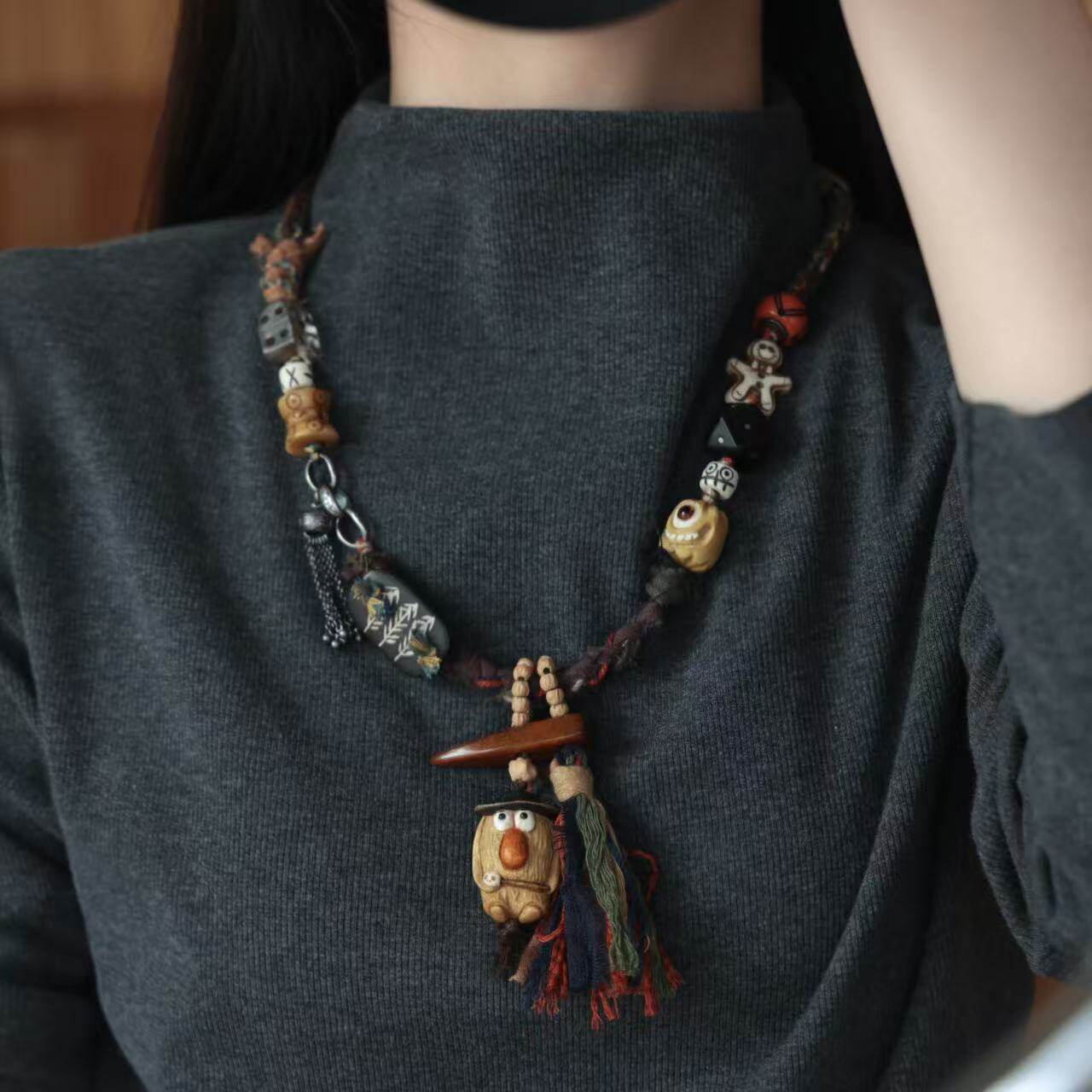 Antler-Carved Big-Nose Monster Statement Necklace