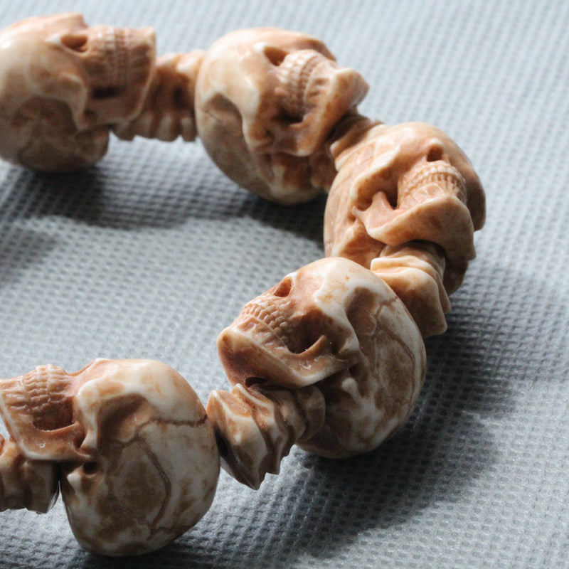 Antler-Carved Eye-less Design Skull With Bone Marrow Spacer Bead Bracelet