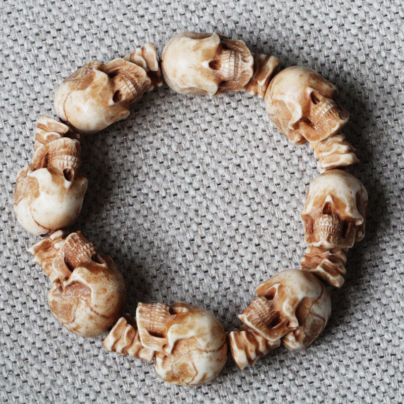 Antler-Carved Eye-less Design Skull With Bone Marrow Spacer Bead Bracelet