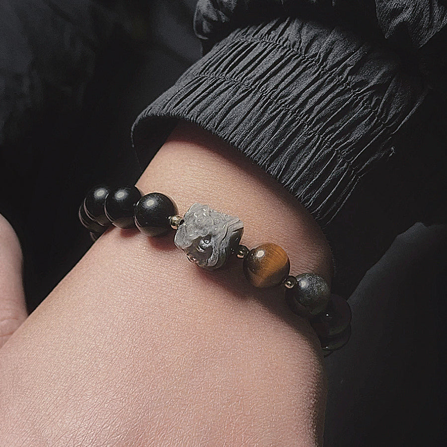 Bracelet de perles d'obsidienne Lion éveillé