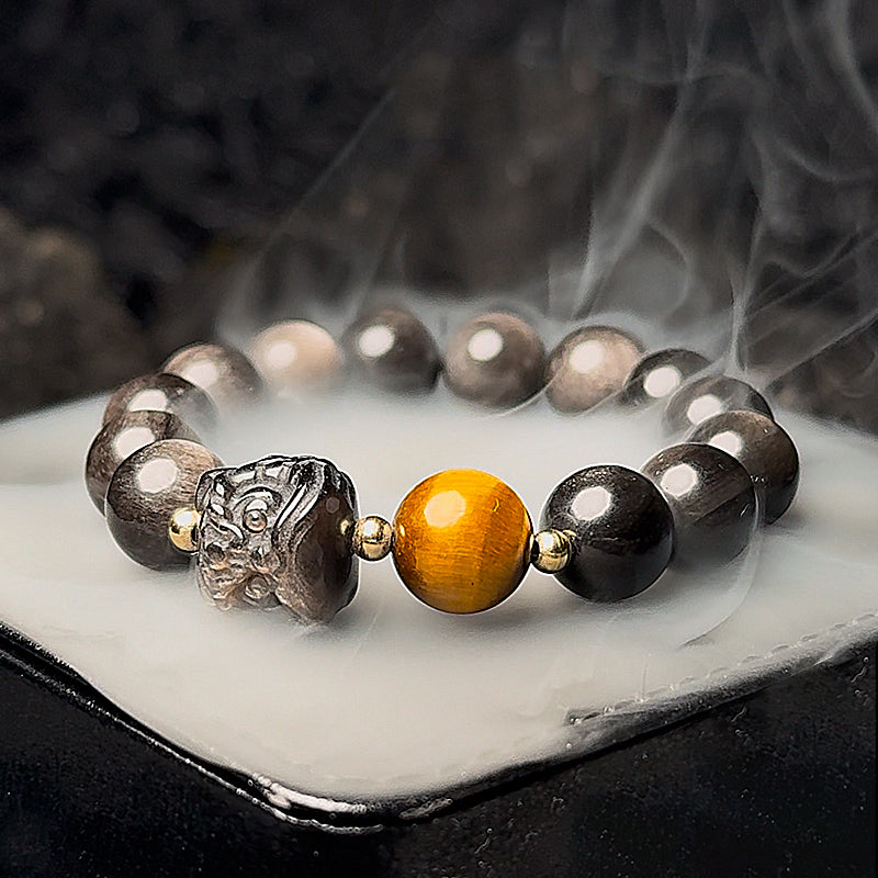 Bracelet de perles d'obsidienne Lion éveillé