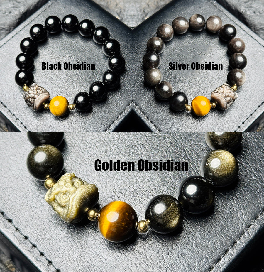 Bracelet de perles d'obsidienne Lion éveillé