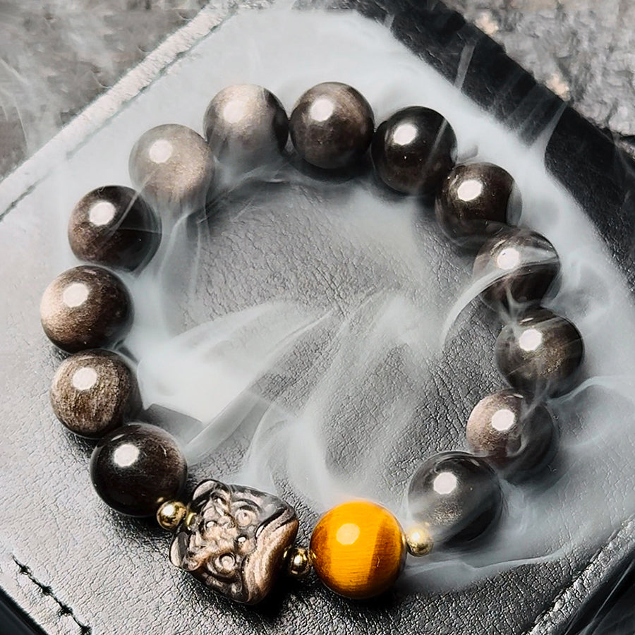 Bracelet de perles d'obsidienne Lion éveillé