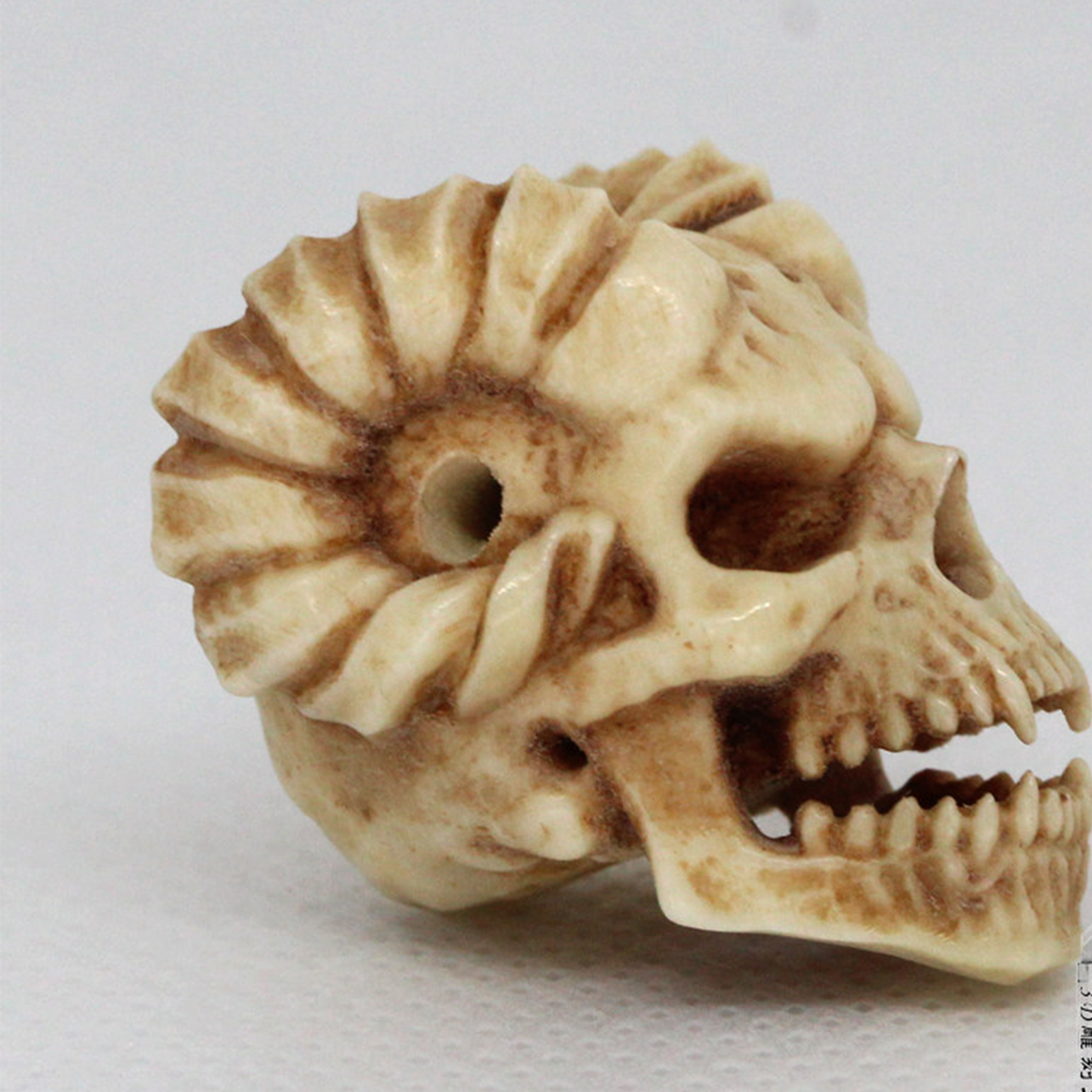 Hand-Carved Deer Antler Demon Ram Skull Bead