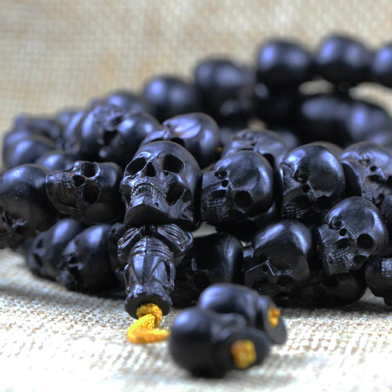 Ebony Carved Skull Bead Necklace