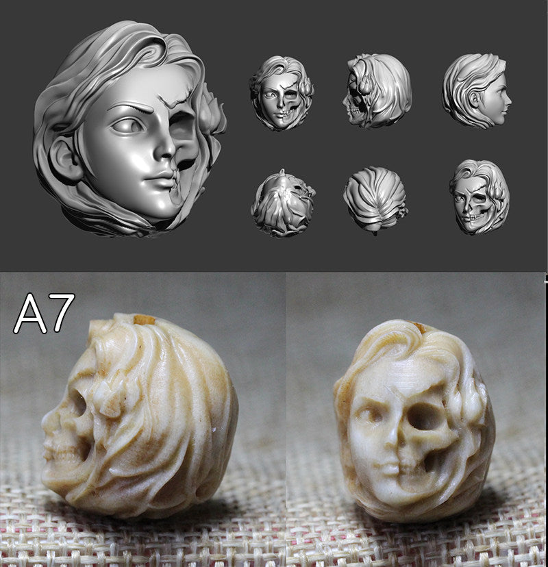 Hand-Carved Antler Maiden & Skull Dual Face Bead