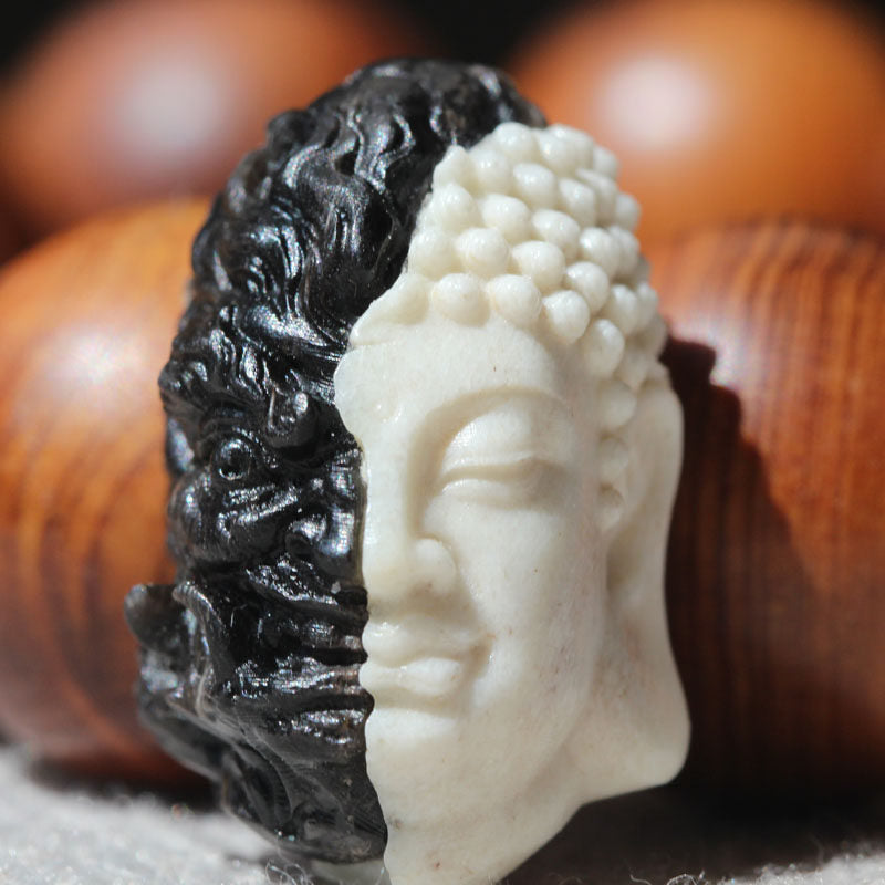 Hand-Carved Antler & Black Horn Buddha-Demon Totem