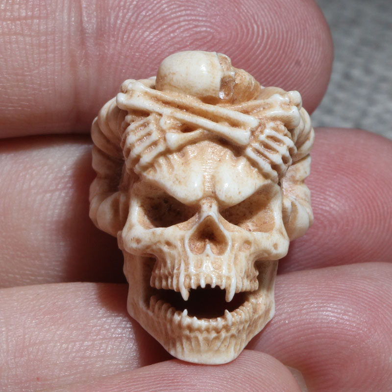Hand-Carved Antler horned Demon Skull Bead