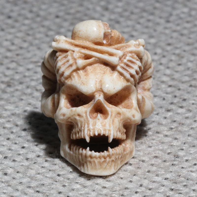 Hand-Carved Antler horned Demon Skull Bead