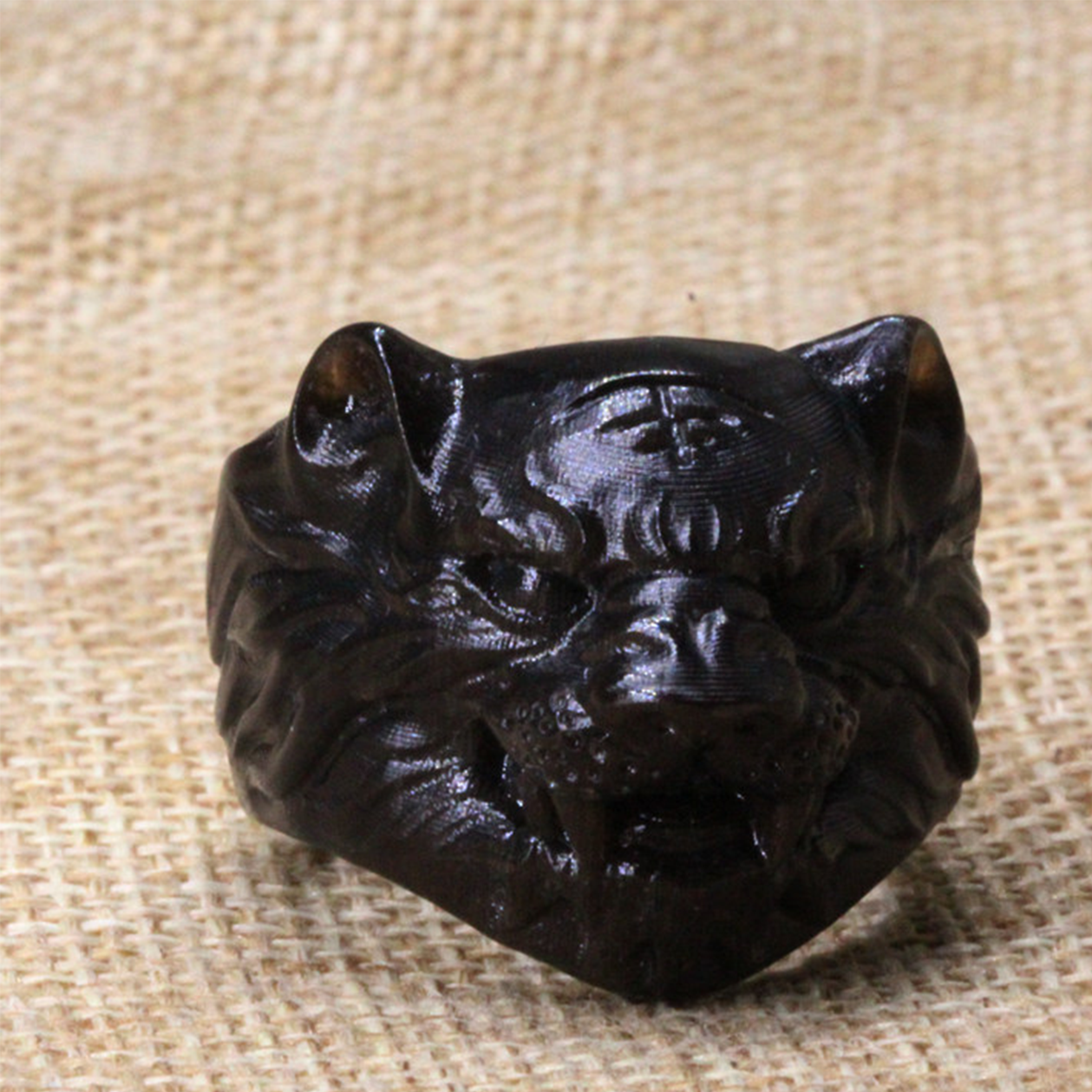 Hand-Carved Black Buffalo Horn Tiger Head Ring