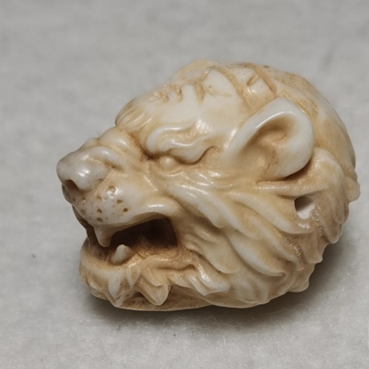 Hand-Carved Deer Antler Roaring Tiger Mouth Bead