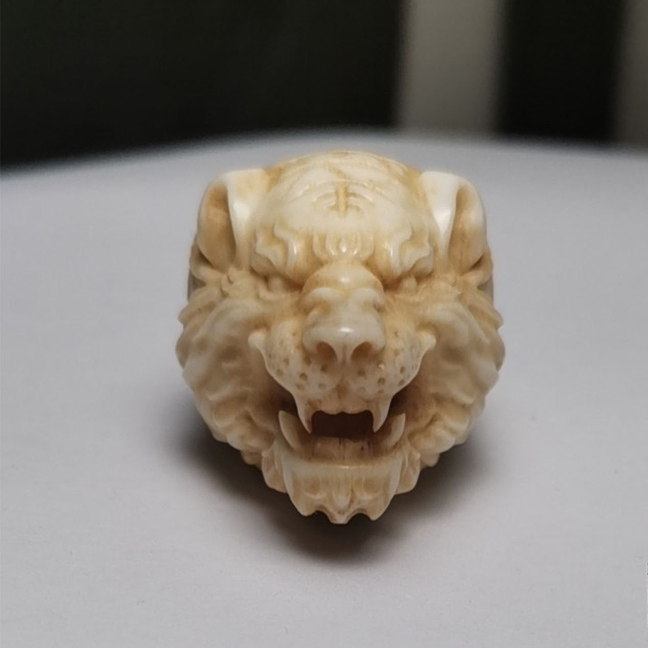 Hand-Carved Deer Antler Roaring Tiger Mouth Bead