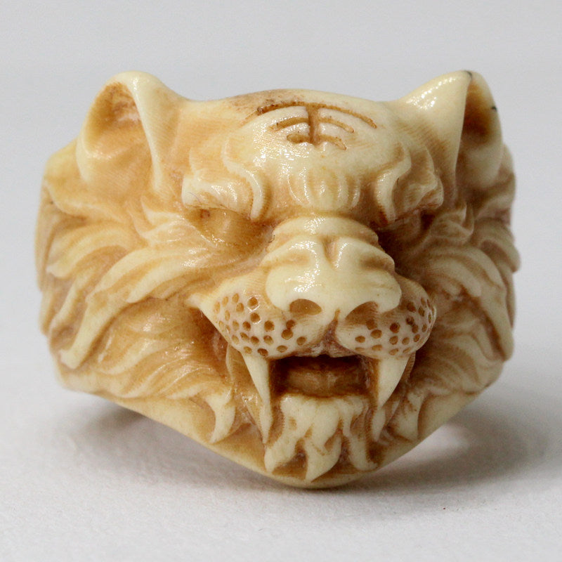 Hand-Carved Deer Antler Tiger Head Ring