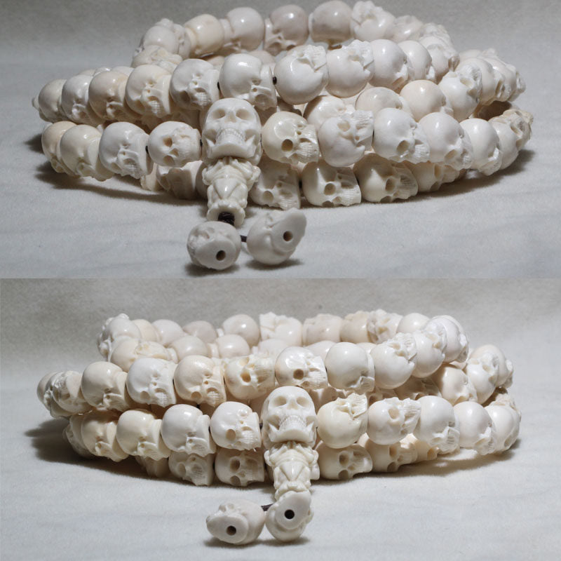 Natural Color Antler-Carved Skull Bead Necklace