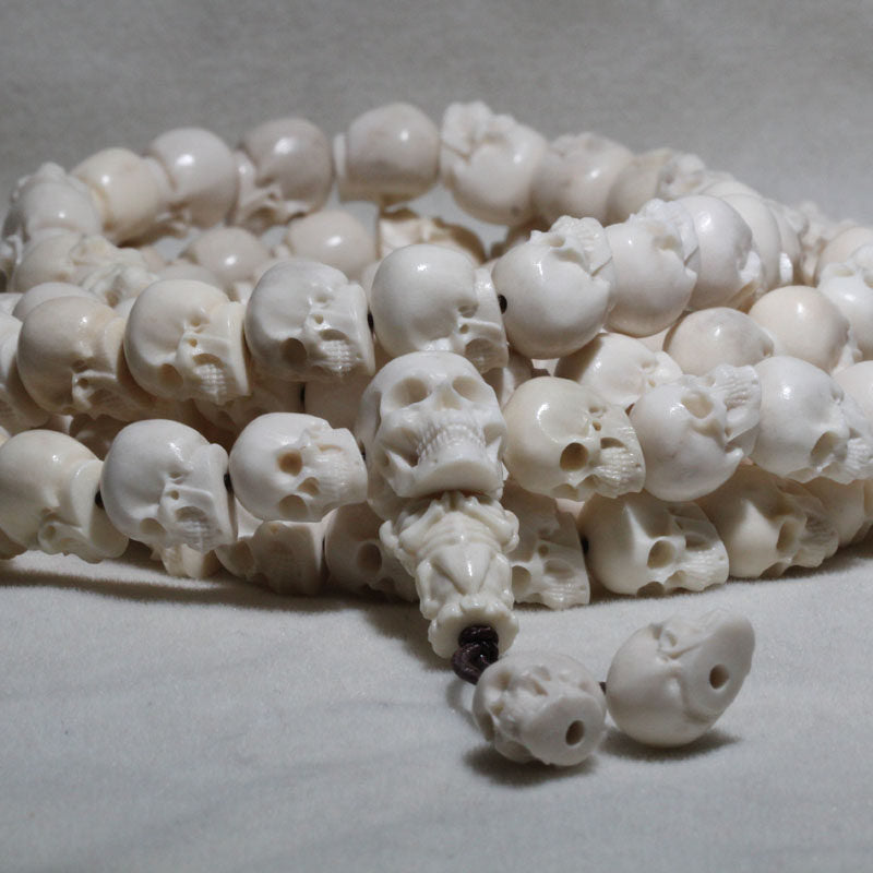 Natural Color Antler-Carved Skull Bead Necklace
