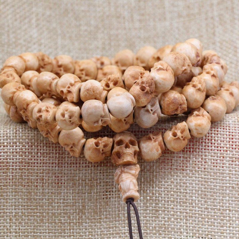 Antiqued Antler-Carved Skull Beaded Necklace