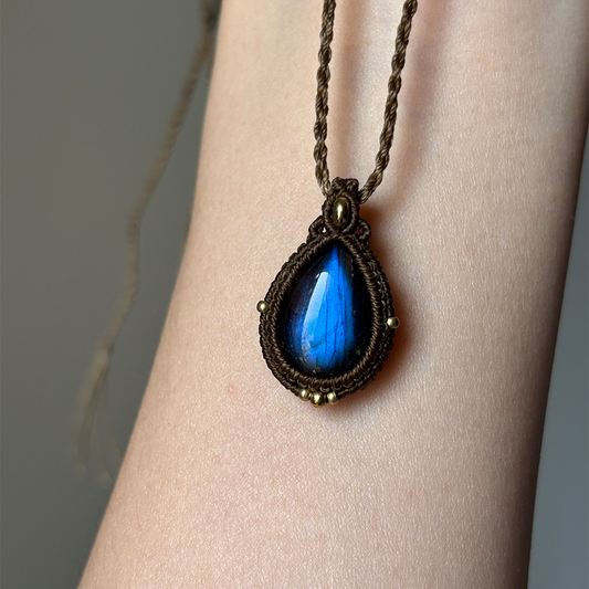 Natural Labradorite Teardrop Pendant Cord Necklace