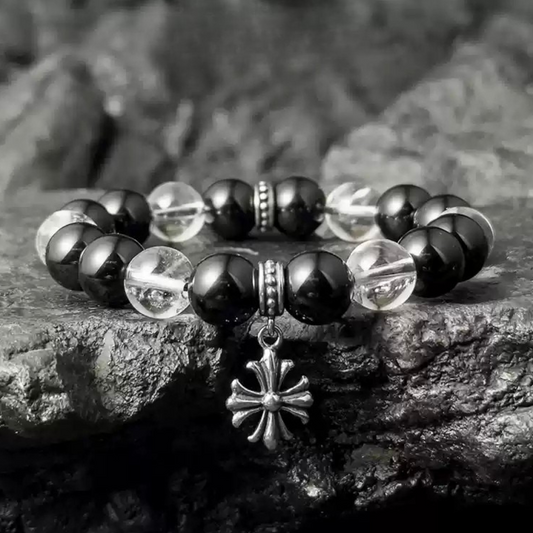 Obsidian White Crystal Cross Beaded Bracelet